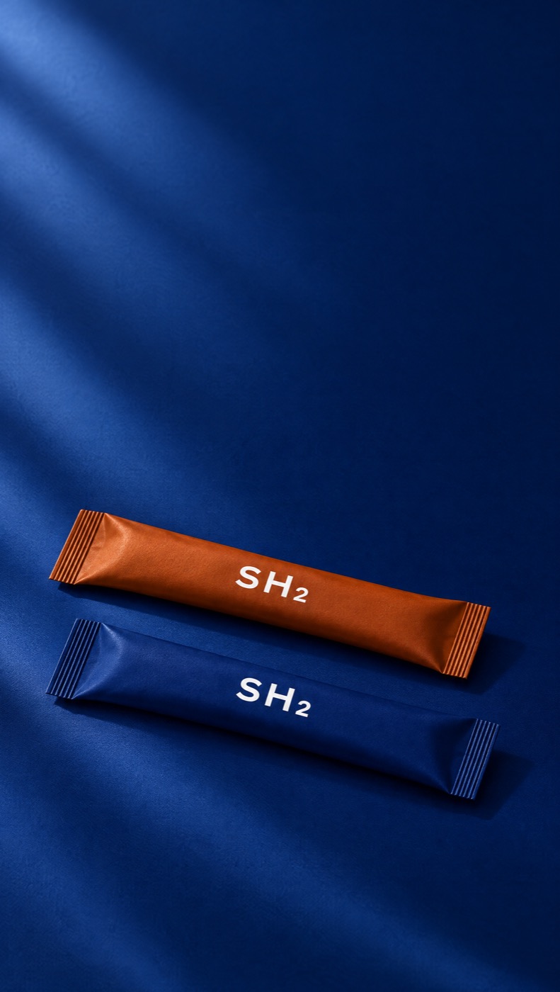An orange morning stick and an indigo night stick lying side by side on cobalt satin